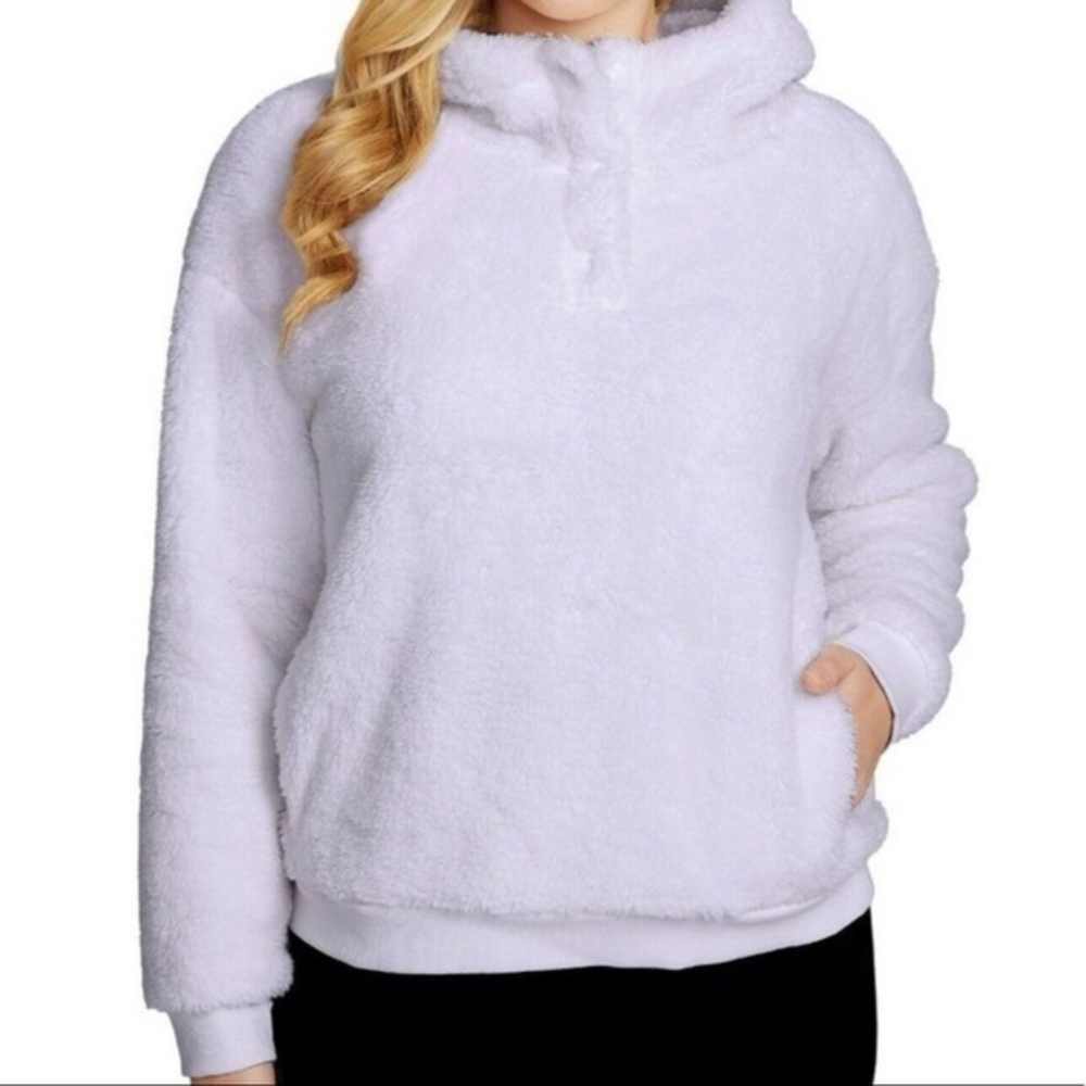 LuKKa Lux Fuzzy Fleece Cropped Hoodie Pullover Sweatshirt Lavender Size S